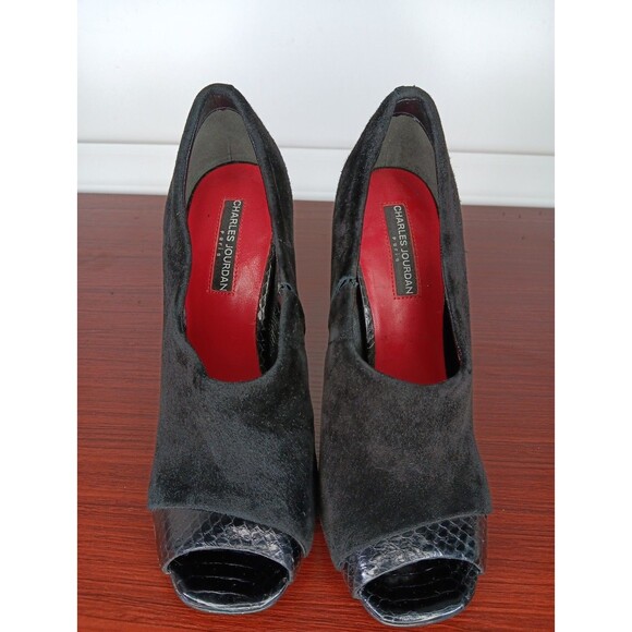 Charles Jourdan Paris Open-Toed Booties Heels Size 8.5 Black Suede EUC - Picture 2 of 9